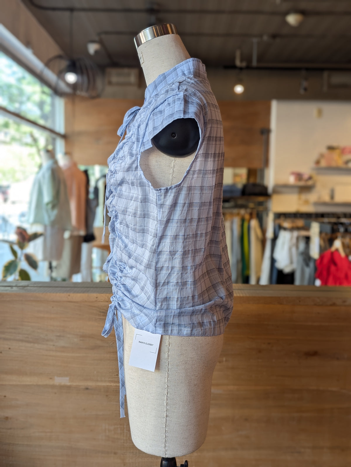Skyline Plaid Cinch Tie-Neck Button Down Top