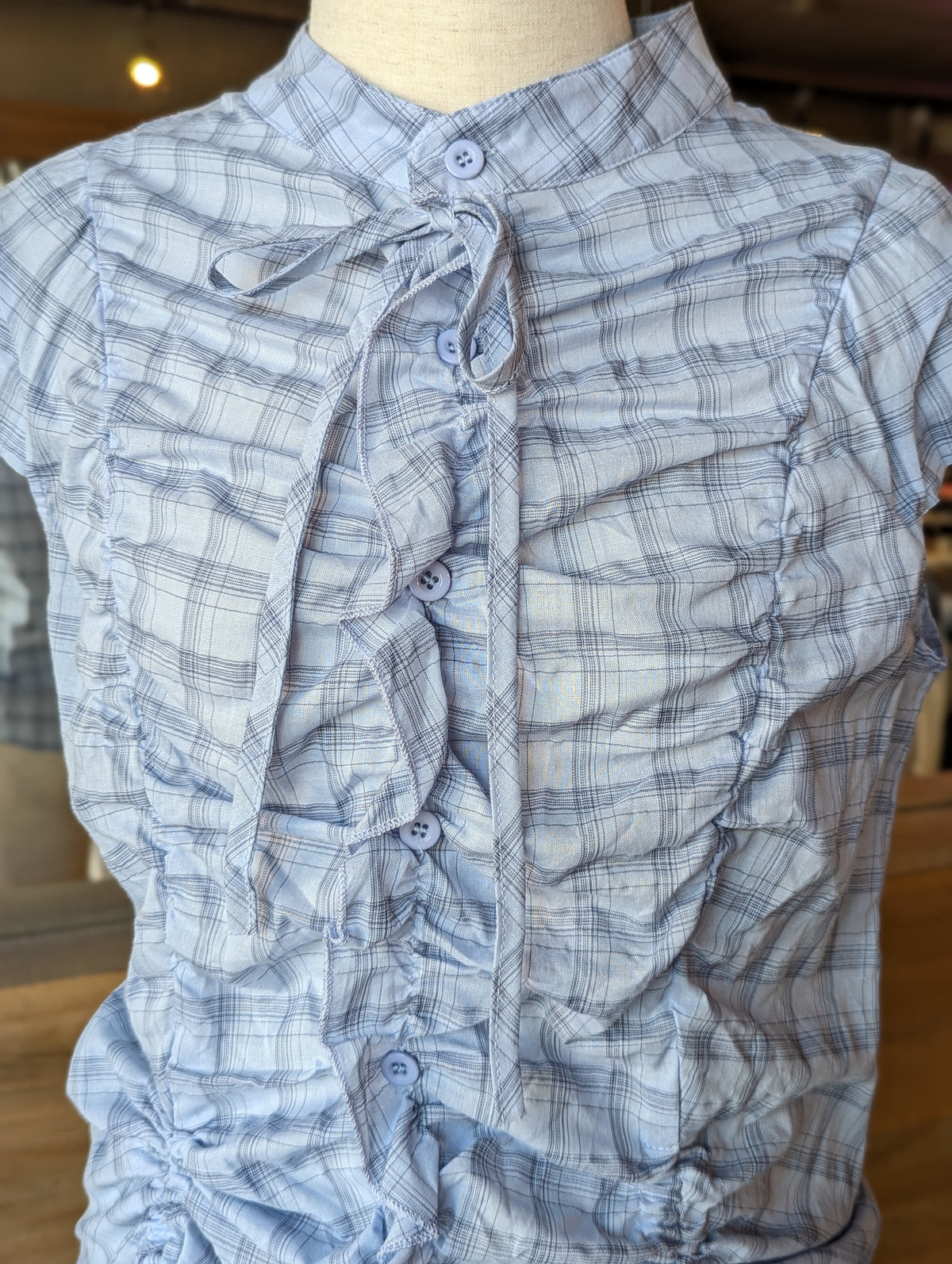 Skyline Plaid Cinch Tie-Neck Button Down Top