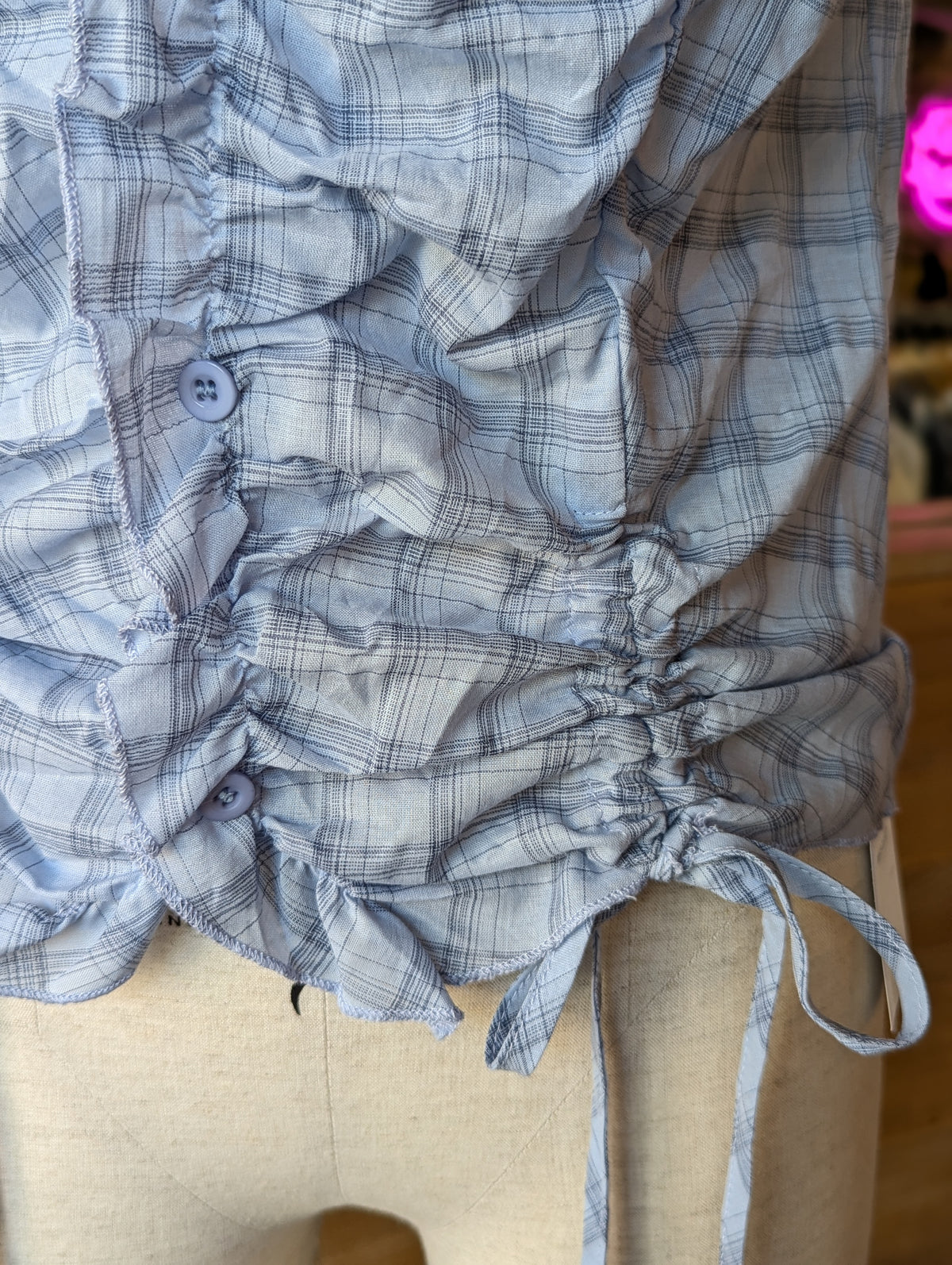 Skyline Plaid Cinch Tie-Neck Button Down Top
