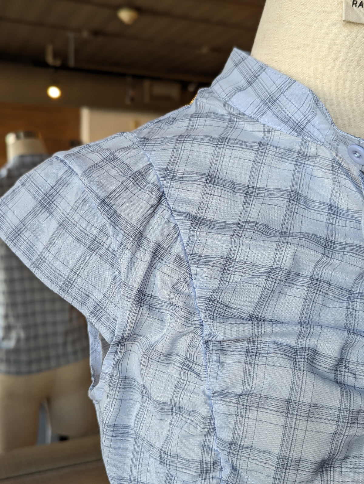 Skyline Plaid Cinch Tie-Neck Button Down Top