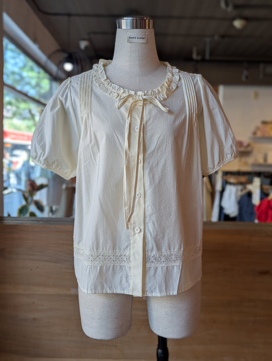 Buttercup Puff Sleeve Eyelet Button-Down Blouse