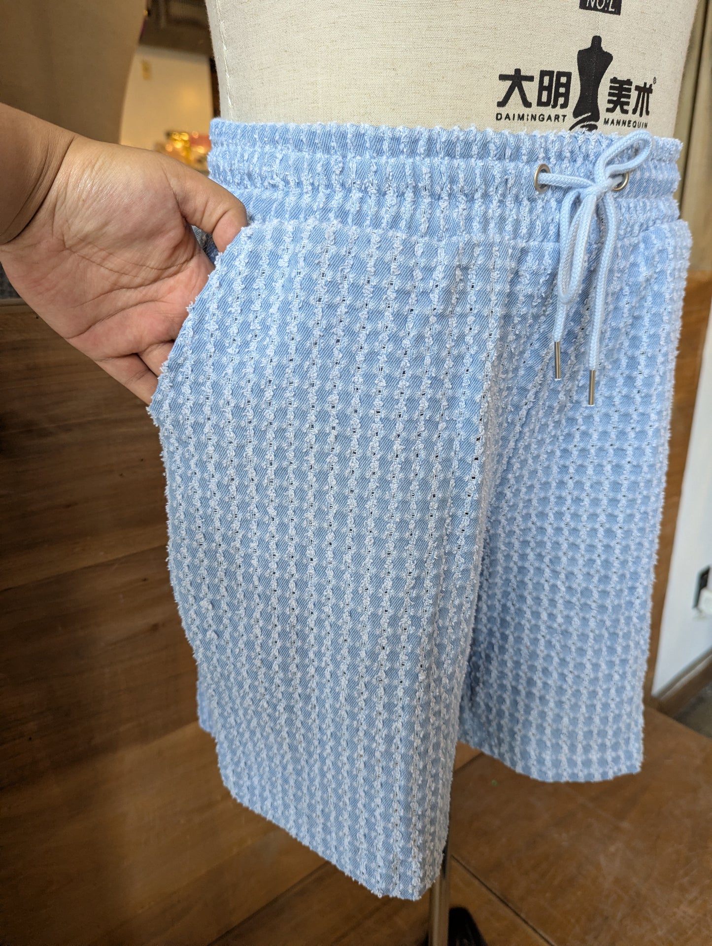 Grid Textured Denim Shorts
