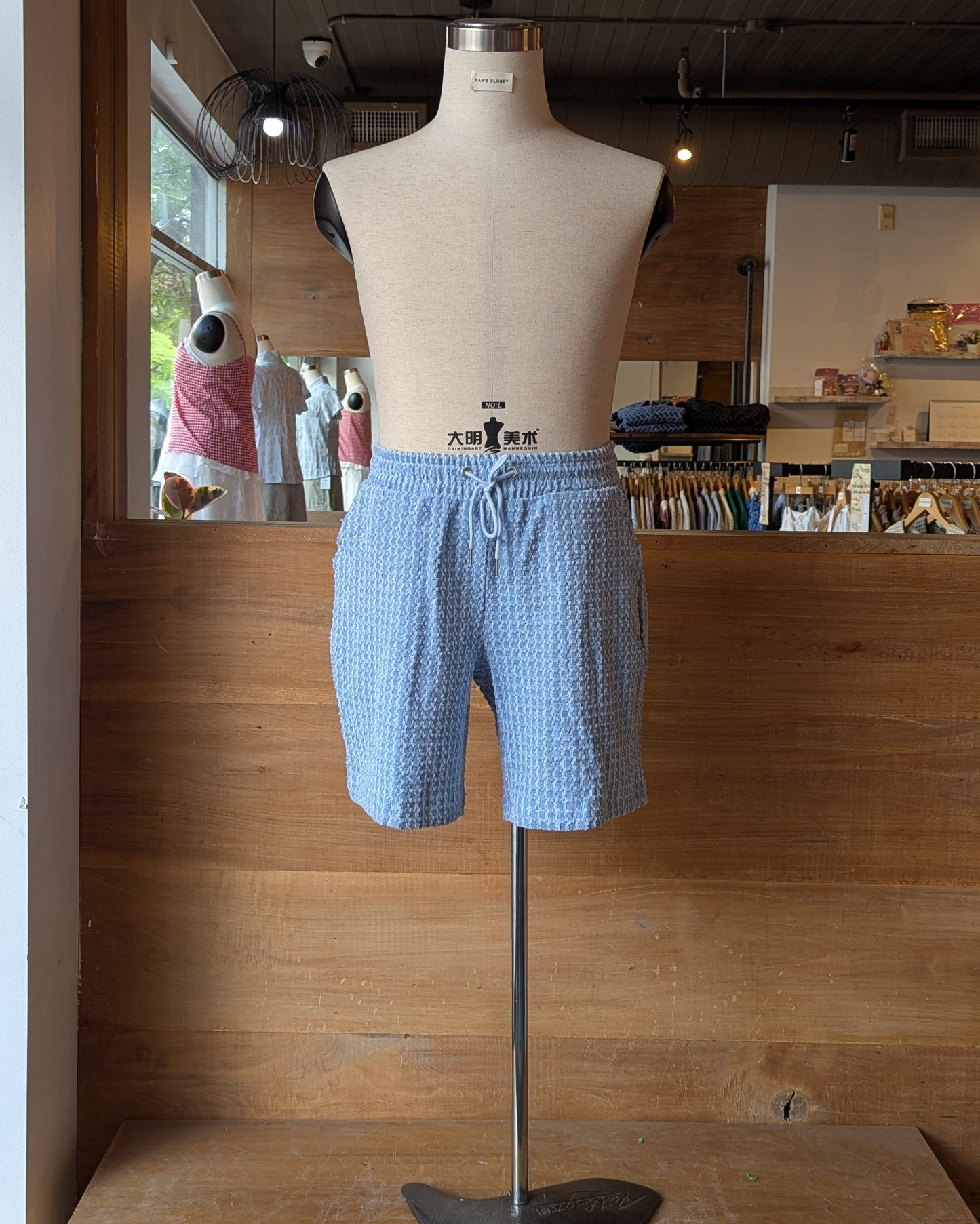 Grid Textured Denim Shorts