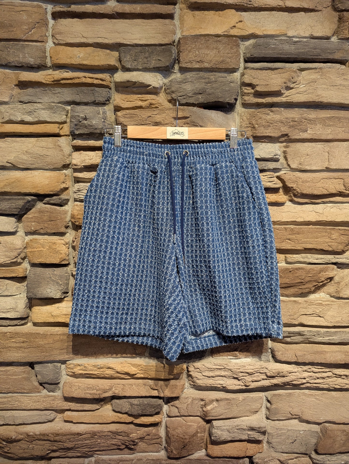 Grid Textured Denim Shorts