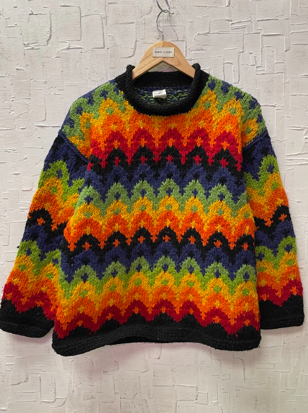 Vintage Hand-Knit Rainbow Wool Sweater