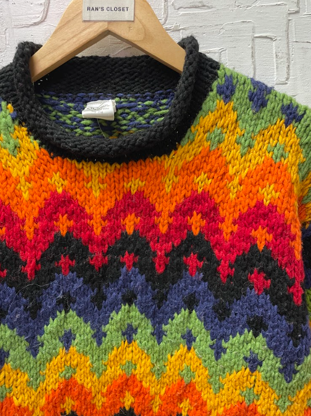 Vintage Hand-Knit Rainbow Wool Sweater