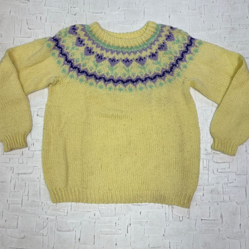 Vintage Hand Made Yellow Knit Sweater with Floral Pattern