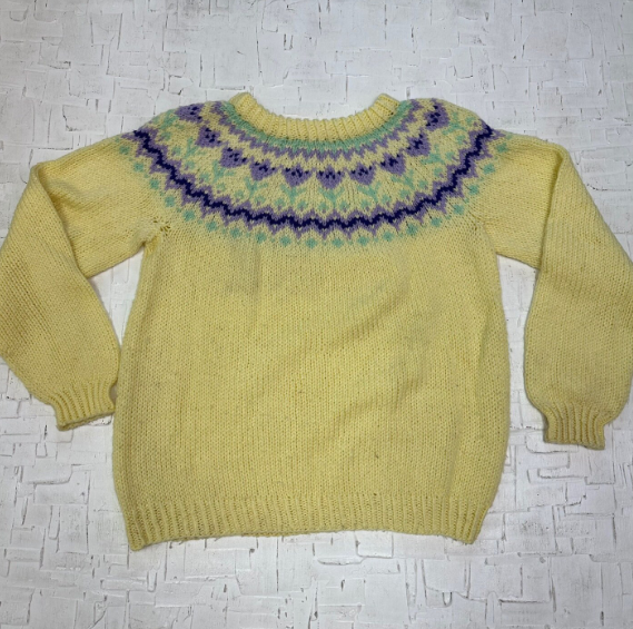 Vintage Hand Made Yellow Knit Sweater with Floral Pattern