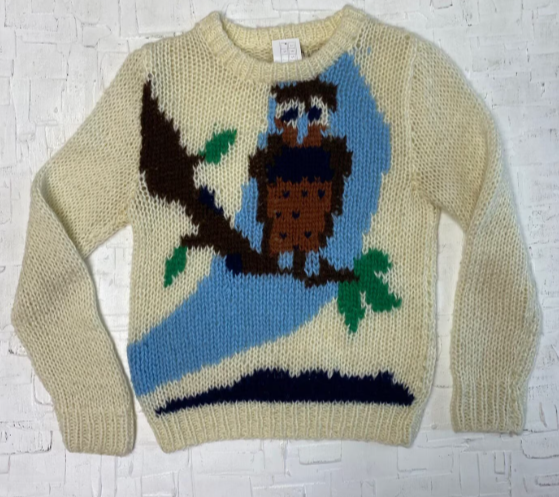 Vintage Niki Knit Cream Sweater with Owl on Branch