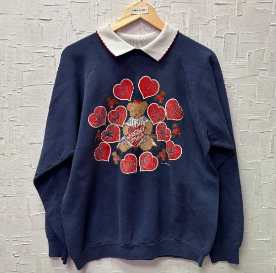 Vintage Teddy Bear Distressed Sweatshirt with Collar