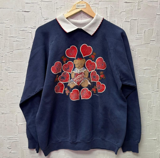 Vintage Teddy Bear Distressed Sweatshirt with Collar