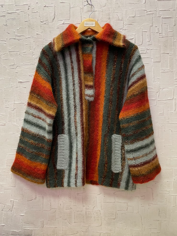 Vintage Vertical Stripe Wool Mohair Sweater with Polo Collar and Pockets