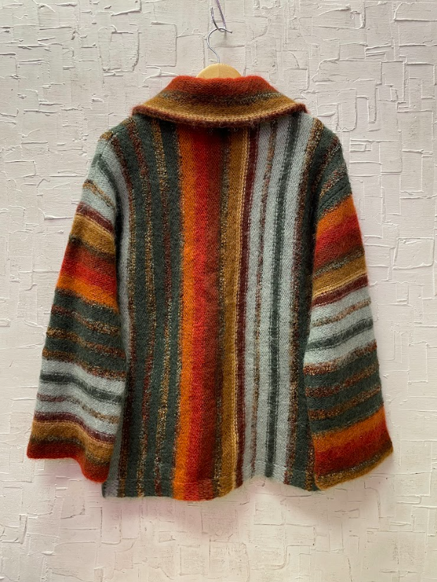 Vintage Vertical Stripe Wool Mohair Sweater with Polo Collar and Pockets