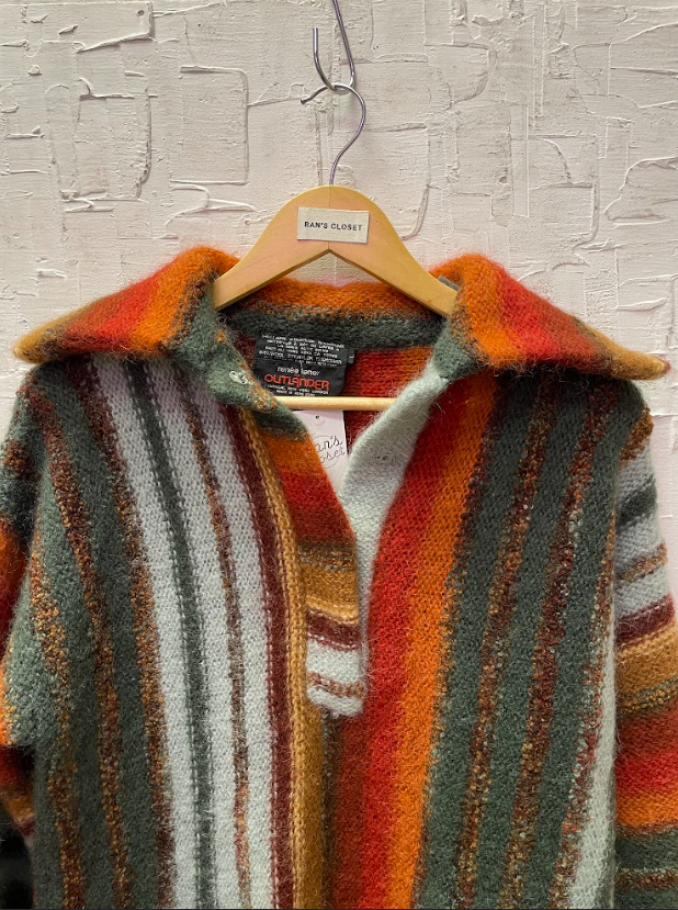 Vintage Vertical Stripe Wool Mohair Sweater with Polo Collar and Pockets