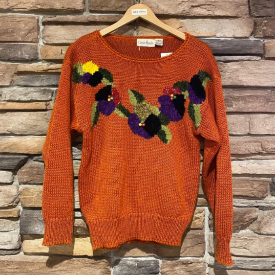 Vintage Orange Knit Sweater with Flower Design
