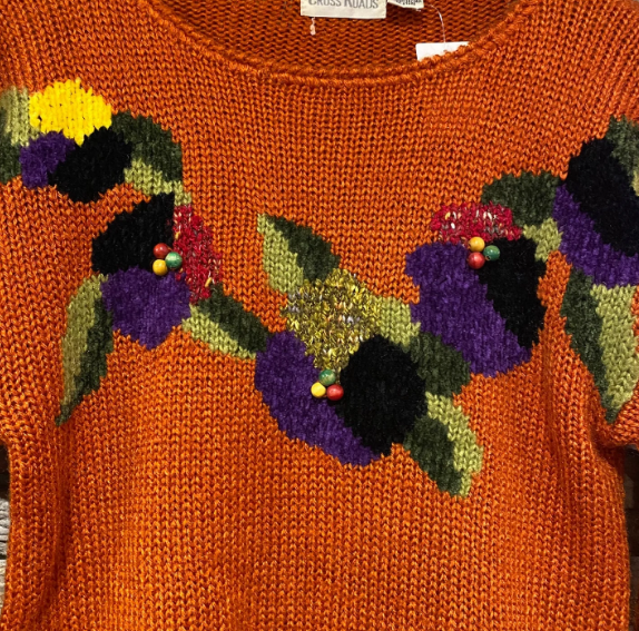 Vintage Orange Knit Sweater with Flower Design