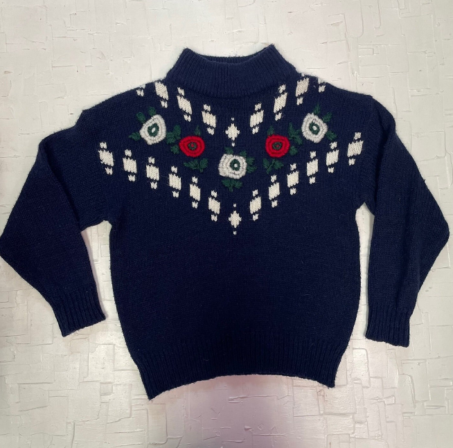 Vintage Country Girl Embroidered Rose Knit Acrylic Sweater