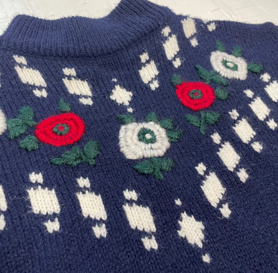 Vintage Country Girl Embroidered Rose Knit Acrylic Sweater
