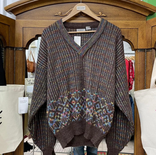 Vintage Koman Brown Sweater with Colorful Details