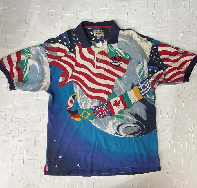 Vintage Cotton Traders Space and Flags AOP Golf Shirt