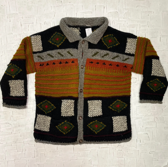 Vintage Oversized Patterned Button Up Cardigan with Collar