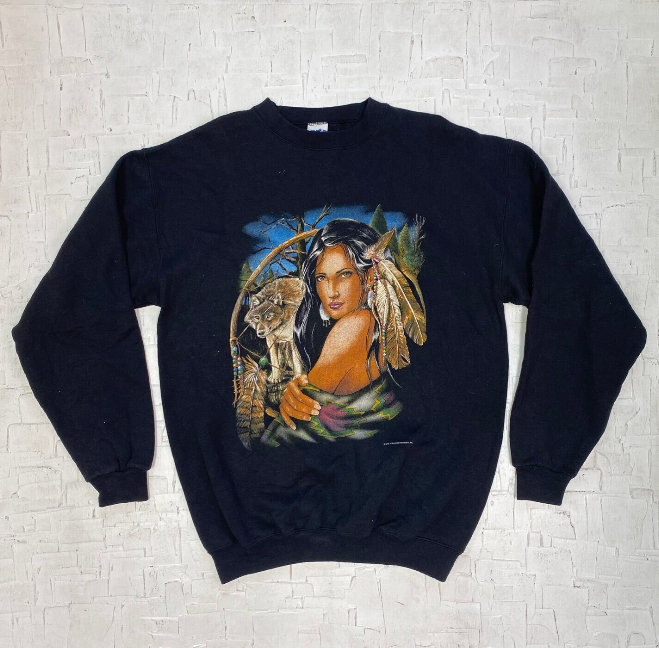 Vintage Woman with Wolf Graphic Black Pullover
