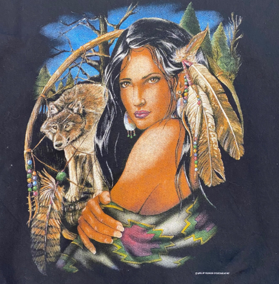 Vintage Woman with Wolf Graphic Black Pullover