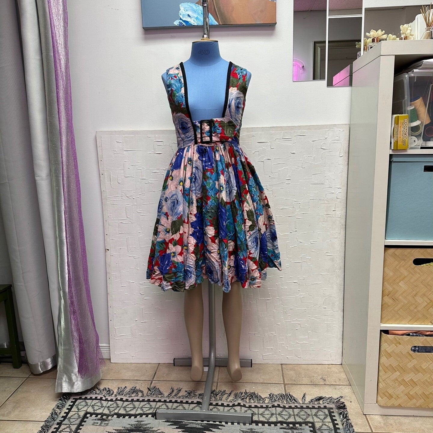 Vintage Francais By Huey Waltzer Knee Length Floral Dress with Oversized Belt Buckle | Vintage Dress | Francais By Huey Waltzer | SKU M-1858