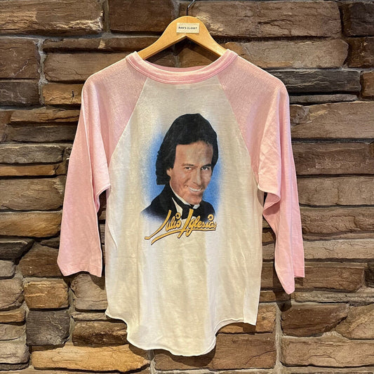 Vintage Julio Iglesias Pink and White Long Sleeve Shirt | Vintage Long Sleeve | Music T-Shirt | Julio Iglesias Shirt | Size M | SKU STQ-3201