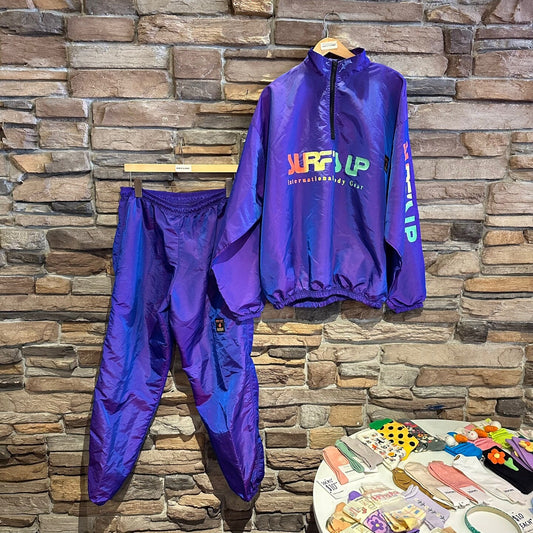 Vintage What's Up International "Surf's Up" Purple Nylon Jacket and Pants | Vintage Active Set | Iridescence Purple | Quarter Zip | STQ-3060