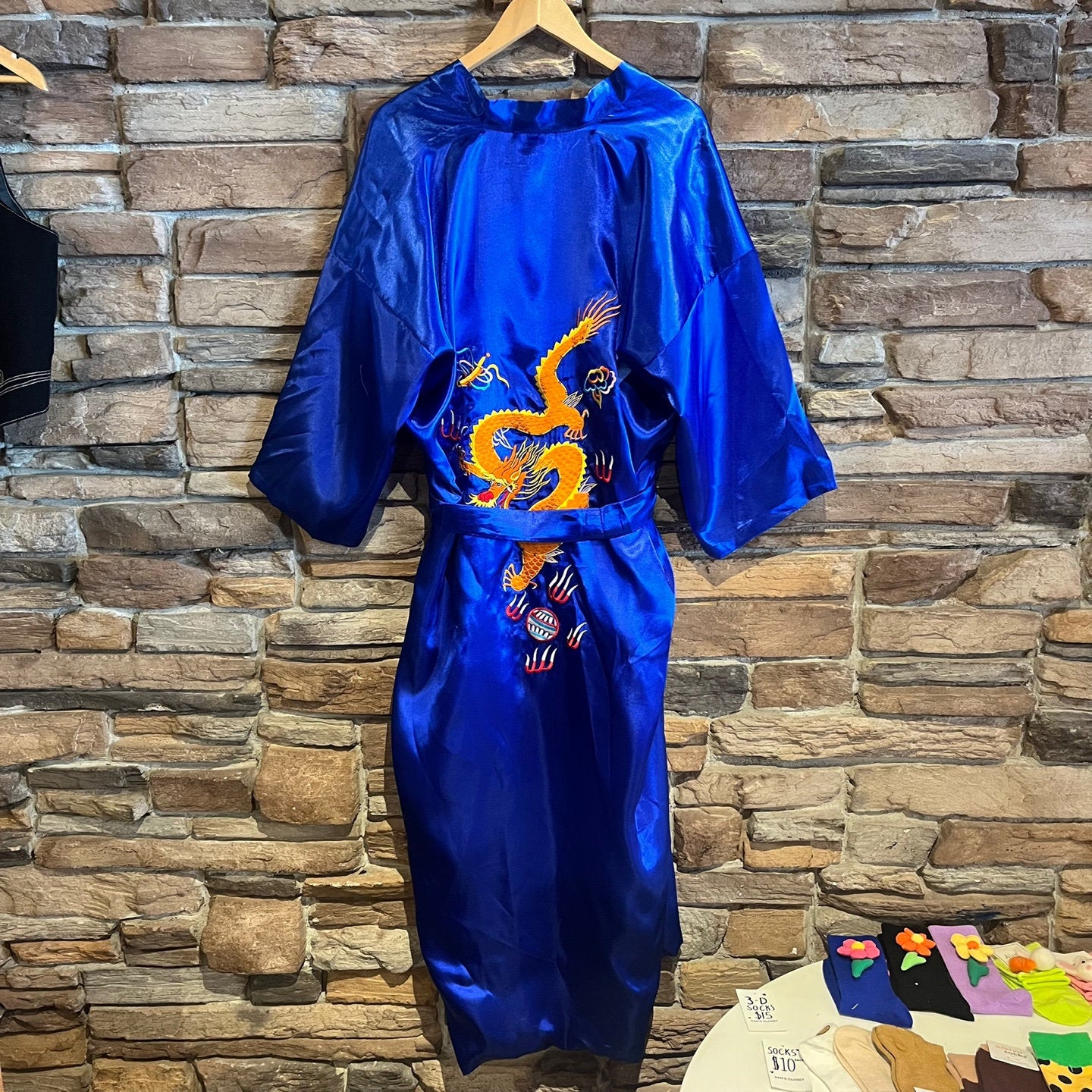 Vintage Blue Satin Dragon Embroidered Full Length Robe | Blue Satin Robe | Dragon Robe | Chinese Dragon Robe | Men's Size XL | SKU: QA-105