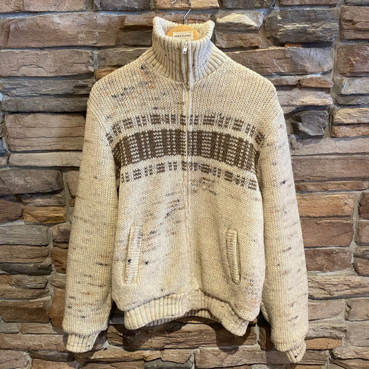 Vintage Tundra Brand Pure Virgin Wool Zip Up Sweater | Vintage Knit Sweater | Turtle Neck Sweater | Beige and Brown | Size S/M | STQ-3220