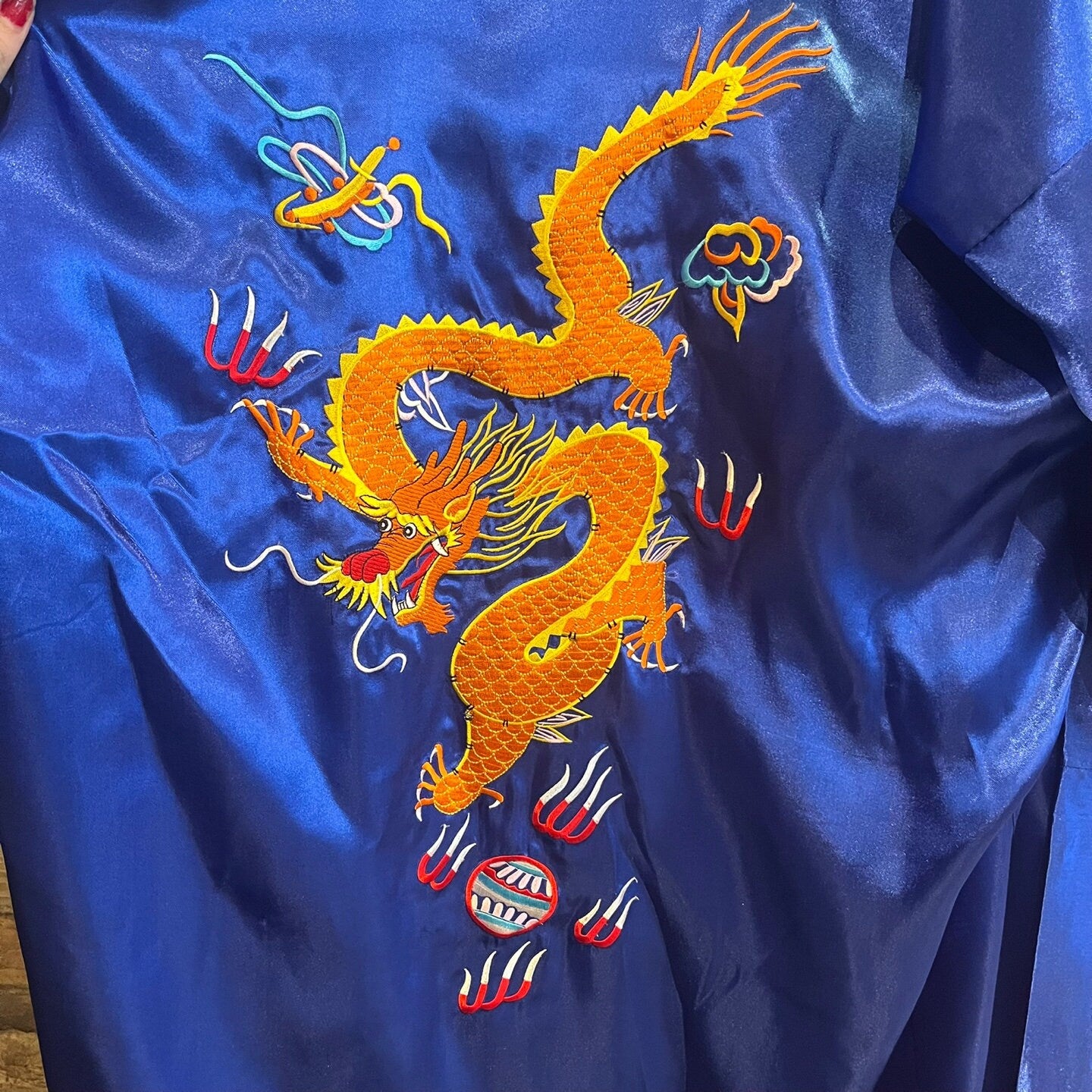 Vintage Blue Satin Dragon Embroidered Full Length Robe | Blue Satin Robe | Dragon Robe | Chinese Dragon Robe | Men's Size XL | SKU: QA-105