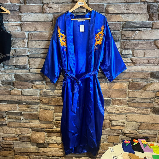 Vintage Blue Satin Dragon Embroidered Full Length Robe | Blue Satin Robe | Dragon Robe | Chinese Dragon Robe | Men's Size XL | SKU: QA-105