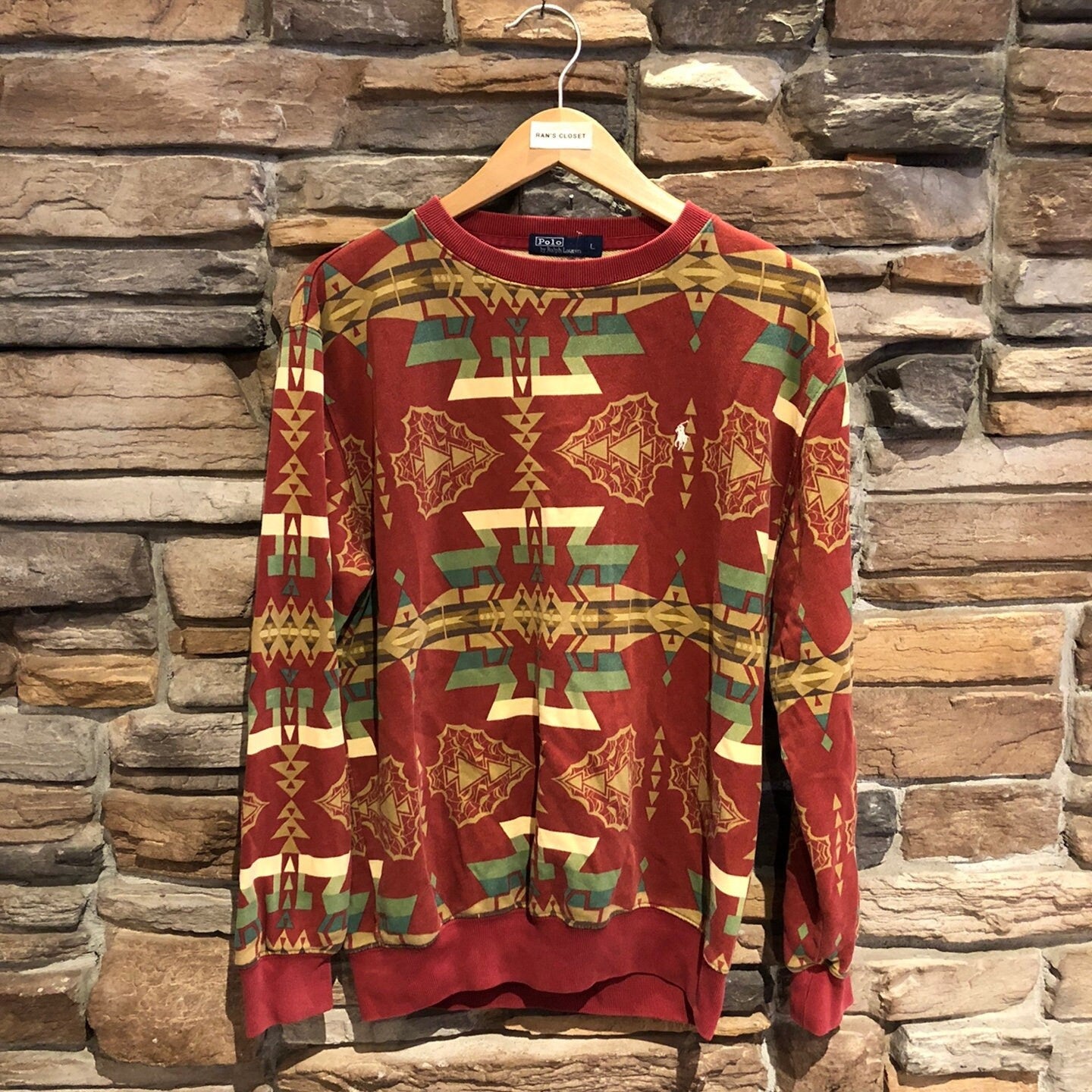 Vintage Ralph Lauren Polo Aztec Geometric Print Long Sleeve Sweatshirt | Tribal Print | Geometric Pattern | Men's Size L | SKU: STQ-3237