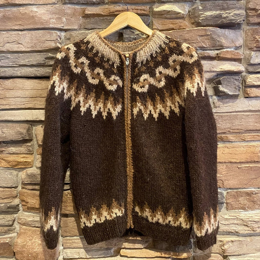 Vintage Hand Knit David Grains Wool Zip Sweater | Vintage Sweater | Virgin Wool | Iceland Lopi | Brown Pattern | Size M | SKU: STQ-3283