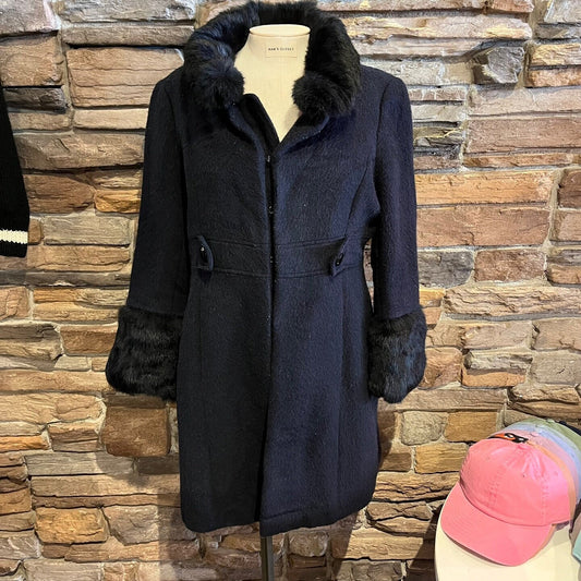 Vintage Bebe Black Long Coat with Rabbit Fur Trim | Vintage Long Coat | Vintage Genuine Rabbit Fur | Women's Size M | SKU: STQ-3278