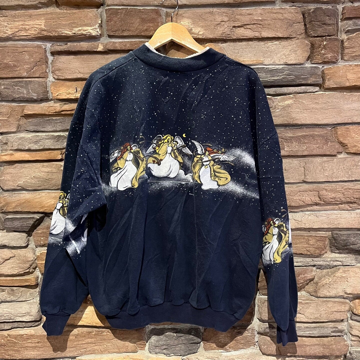 Vintage A.U. Unlimited Holiday Graphic Sweatshirt With Angels Playing Instruments | Navy Blue Sweatshirt | Adult Size XL | SKU: STQ-3472