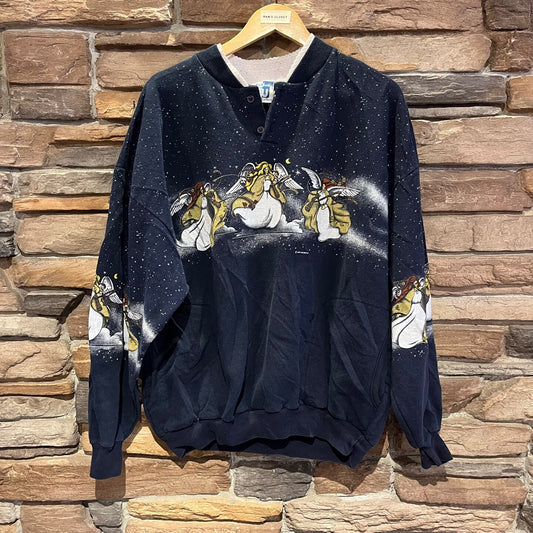 Vintage A.U. Unlimited Holiday Graphic Sweatshirt With Angels Playing Instruments | Navy Blue Sweatshirt | Adult Size XL | SKU: STQ-3472