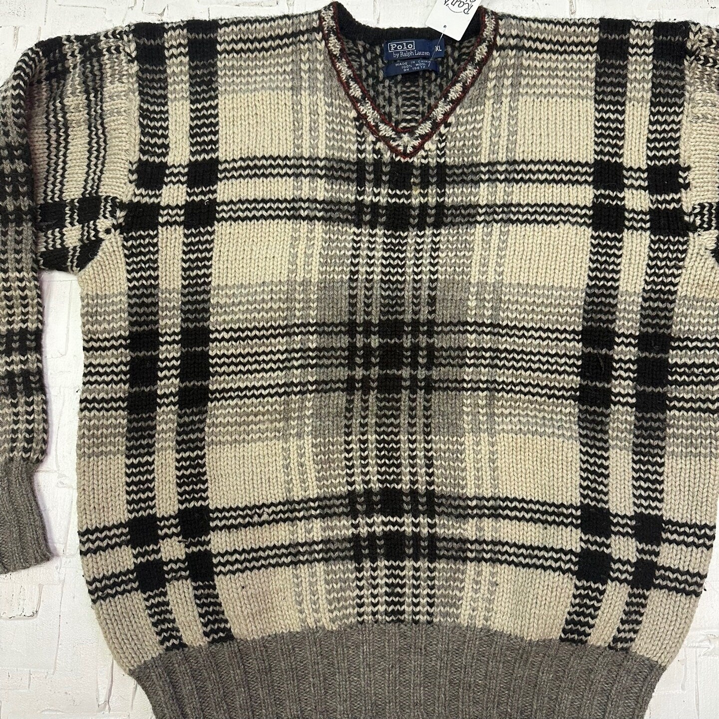 Vintage 1990's Polo Ralph Lauren Plaid Sweater | Vintage Sweater | Neutral Plaid 100% Wool Knit Polo Sweater | Men's Size XL | SKU M-3570