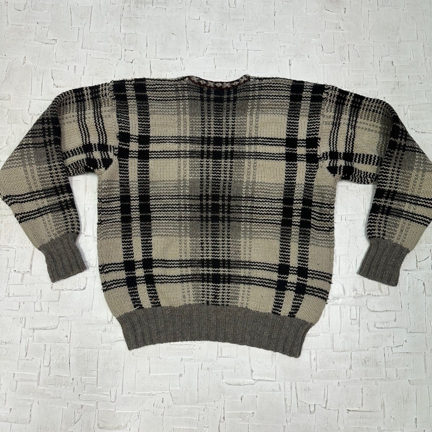 Vintage 1990's Polo Ralph Lauren Plaid Sweater | Vintage Sweater | Neutral Plaid 100% Wool Knit Polo Sweater | Men's Size XL | SKU M-3570