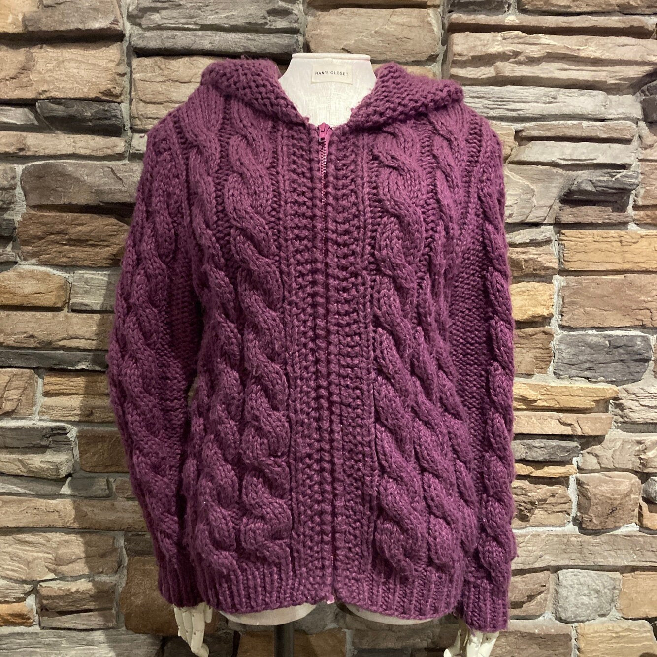 Vintage Purple Thick Cable Knit Zip Up Sweater with Hood | Vintage Sweater | Cable Knit Hoodie | Cable Knit Zip Up | Size L | SKU STQ-3554 |