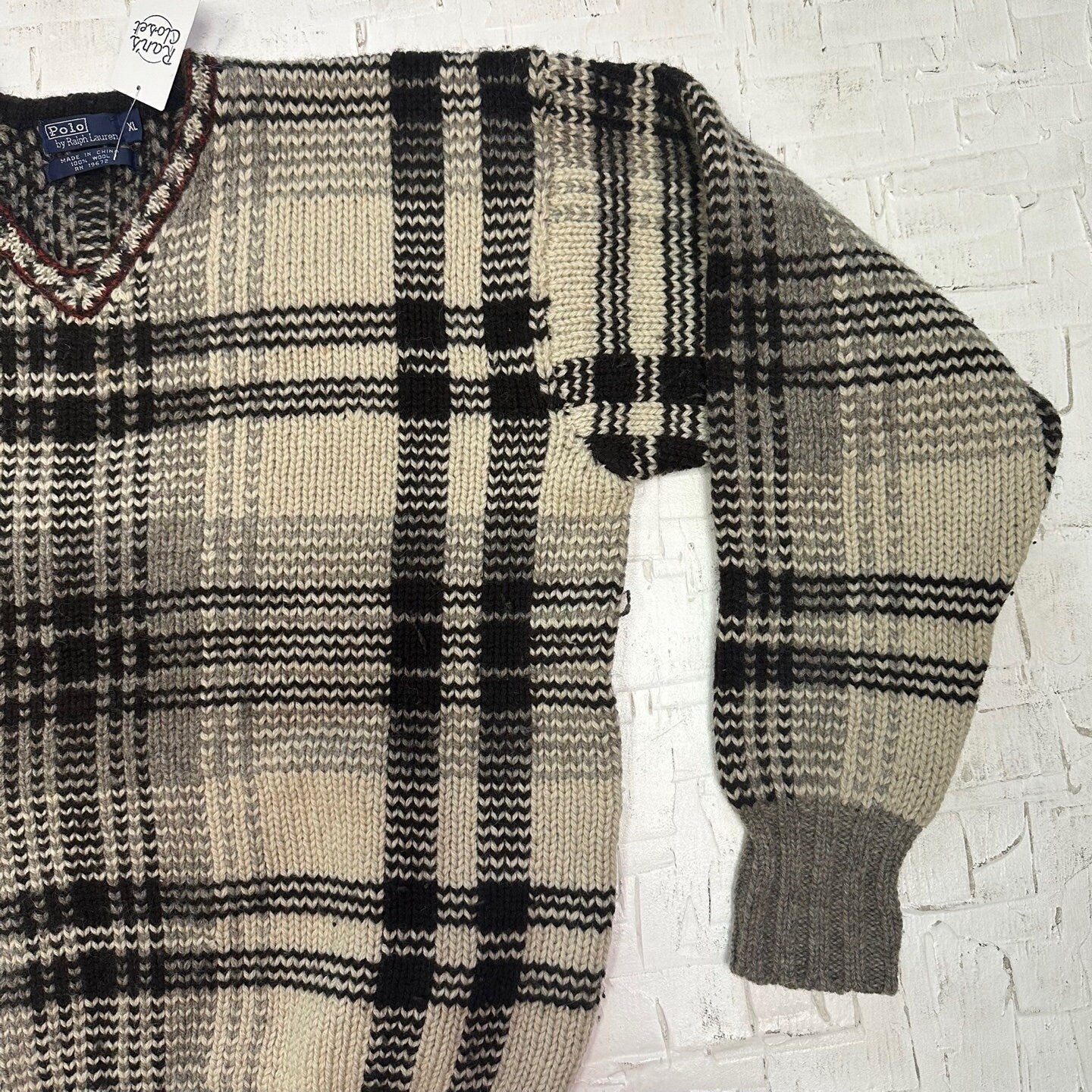 Vintage 1990's Polo Ralph Lauren Plaid Sweater | Vintage Sweater | Neutral Plaid 100% Wool Knit Polo Sweater | Men's Size XL | SKU M-3570