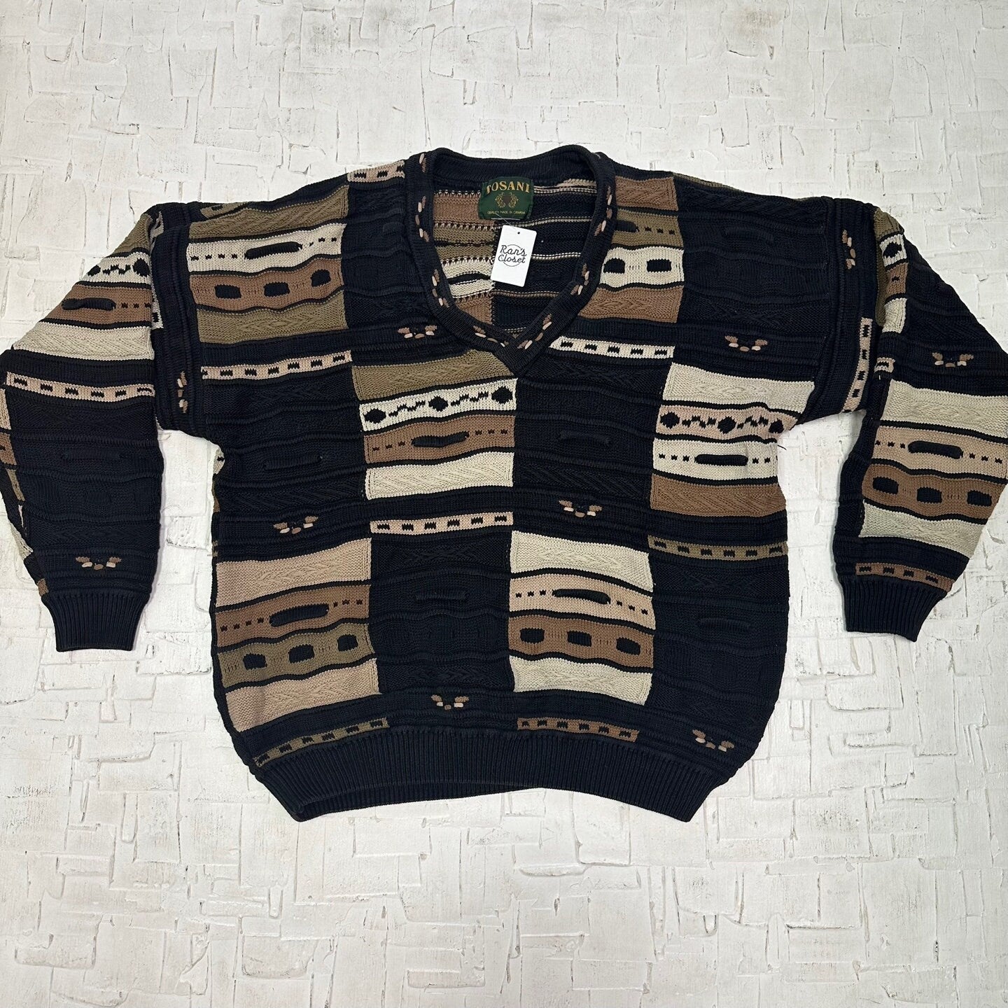 Vintage Tosani Beige and Black 3D Printed Sweater | Vintage Sweater| Vintage Coogi Like Sweater | Patterned Sweater | SKU M-3566 |