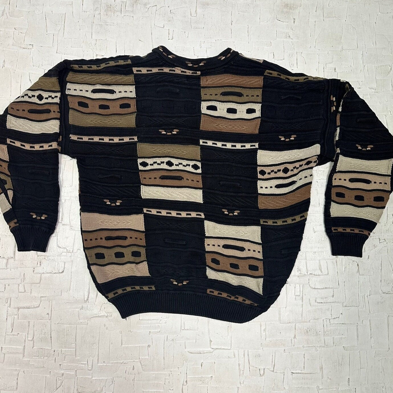 Vintage Tosani Beige and Black 3D Printed Sweater | Vintage Sweater| Vintage Coogi Like Sweater | Patterned Sweater | SKU M-3566 |