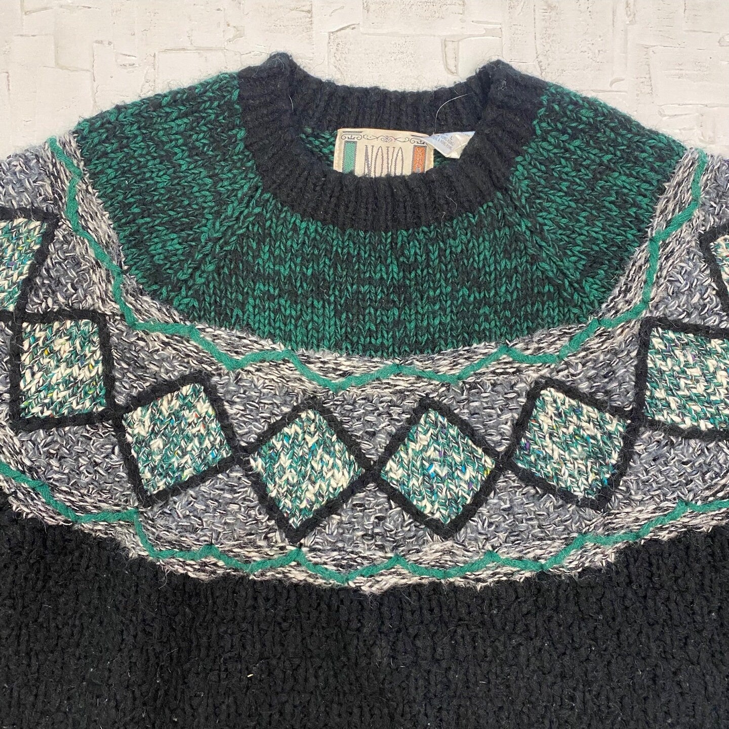 Vintage Novo Mohair Blend Black and Teal Knit Sweater | Vintage Sweater | Vintage Knit Sweater | Vintage Knit | Size L | SKU NPC-1217 |