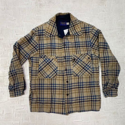 Vintage 60-70's Beige and Navy Blue Tartan Pendleton Shirt Jacket | Vintage Jacket | Portland, Oregon | Wool | Men's Size M | SKU: NPC-1227