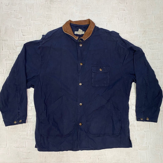 Vintage Banana Republic Dark Blue Cotton Barn Chore Jacket with a Leather Collar | Vintage Jacket | Pockets | Men's Size XL | SKU: NPW-1111