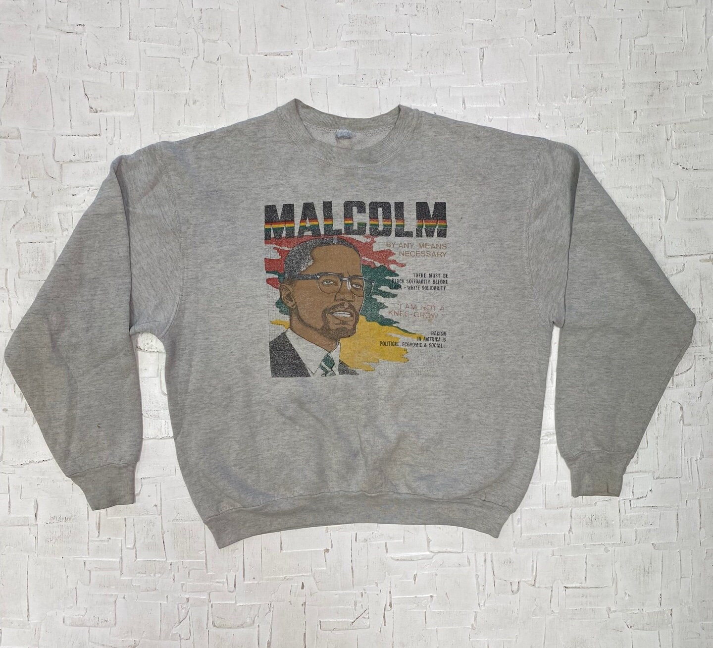 Vintage Grey Malcom X Quote "By Any Means Necessary" Sweatshirt | Vintage Pullover Sweatshirt | Civil Rights Act | Size M | SKU: NPC-1220