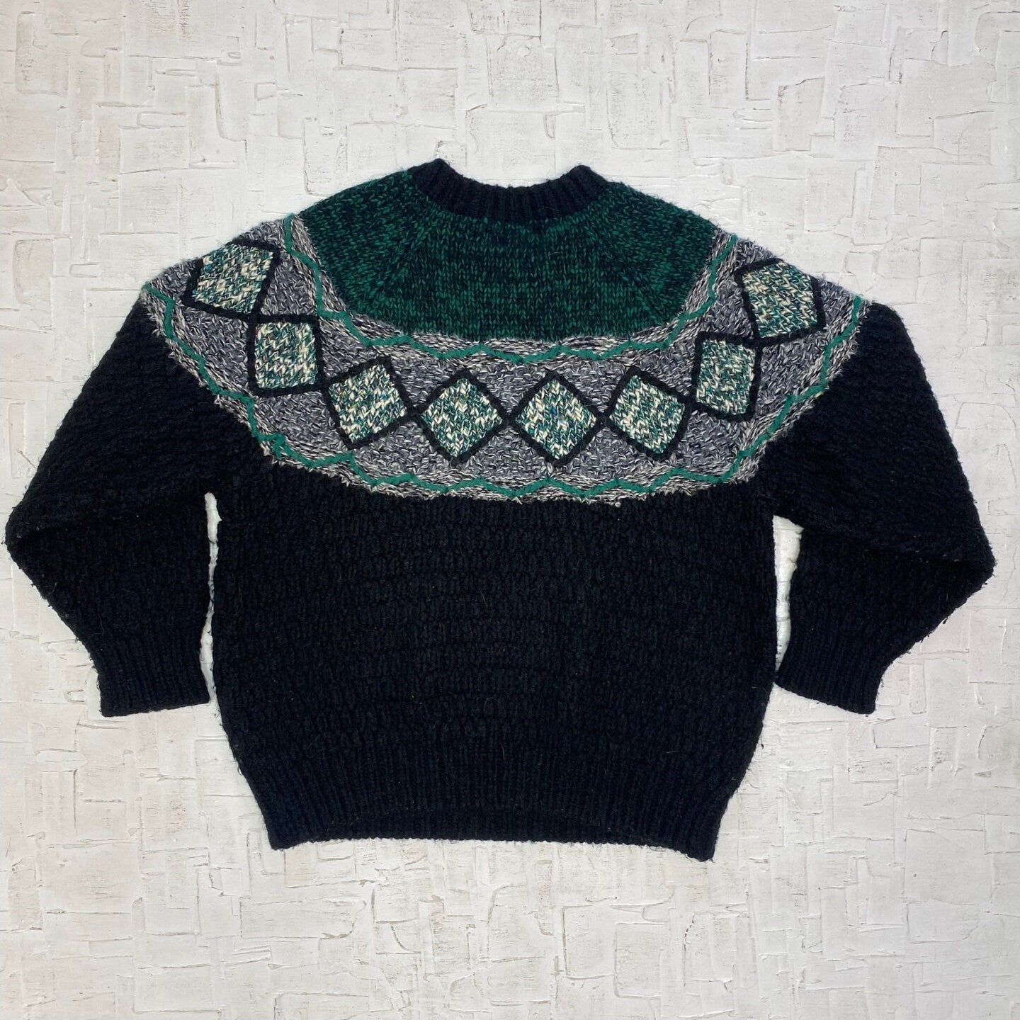 Vintage Novo Mohair Blend Black and Teal Knit Sweater | Vintage Sweater | Vintage Knit Sweater | Vintage Knit | Size L | SKU NPC-1217 |